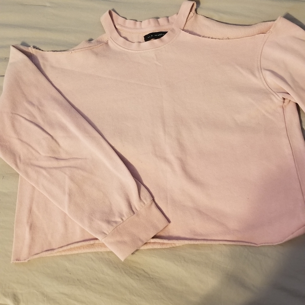 Pink cold shoulder crop sweater